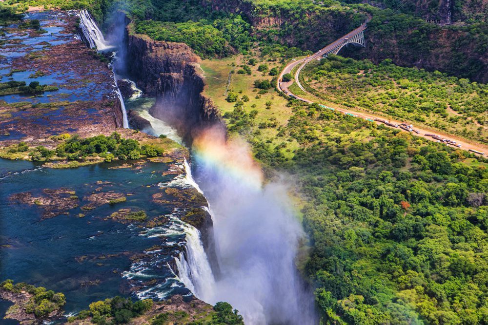 Aerial view of Victoria Falls with rainbow, Zimbabwe